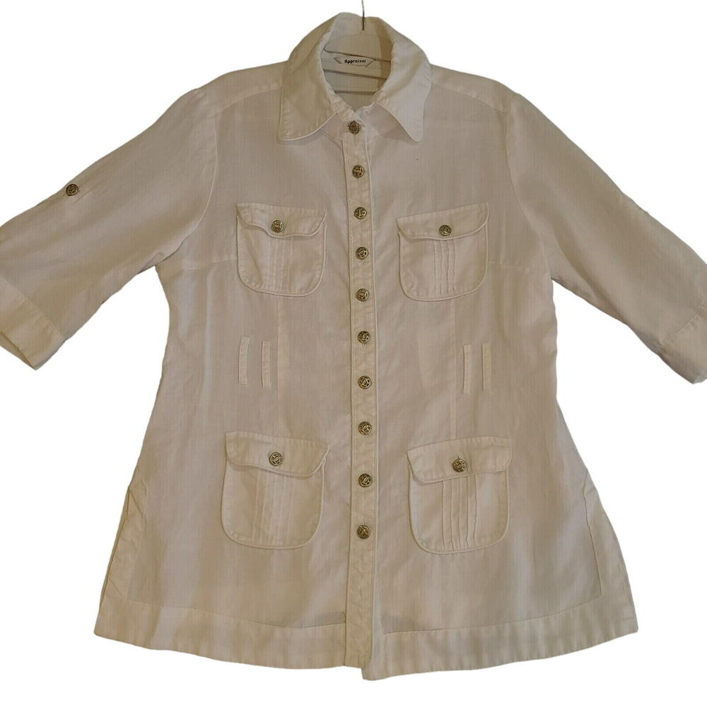 Appraisal Womens Button Up White Size Large 100% Ramie Pockets Roll Tab Sleeve